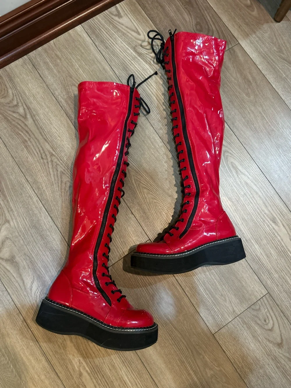 Demonia Emily-375 Red Patent Knee High Platform Lace Up Boots Womens 12